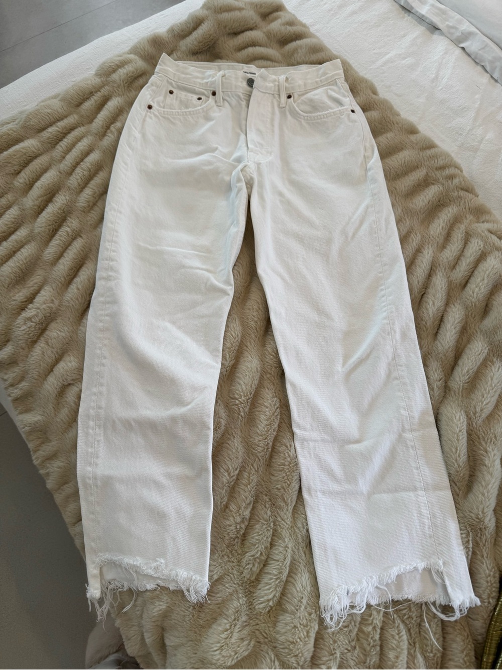 GRLFRND White Straight Leg Raw Hem Jeans